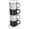 4 tasses en céramique noir et argent avec support metallique h30
