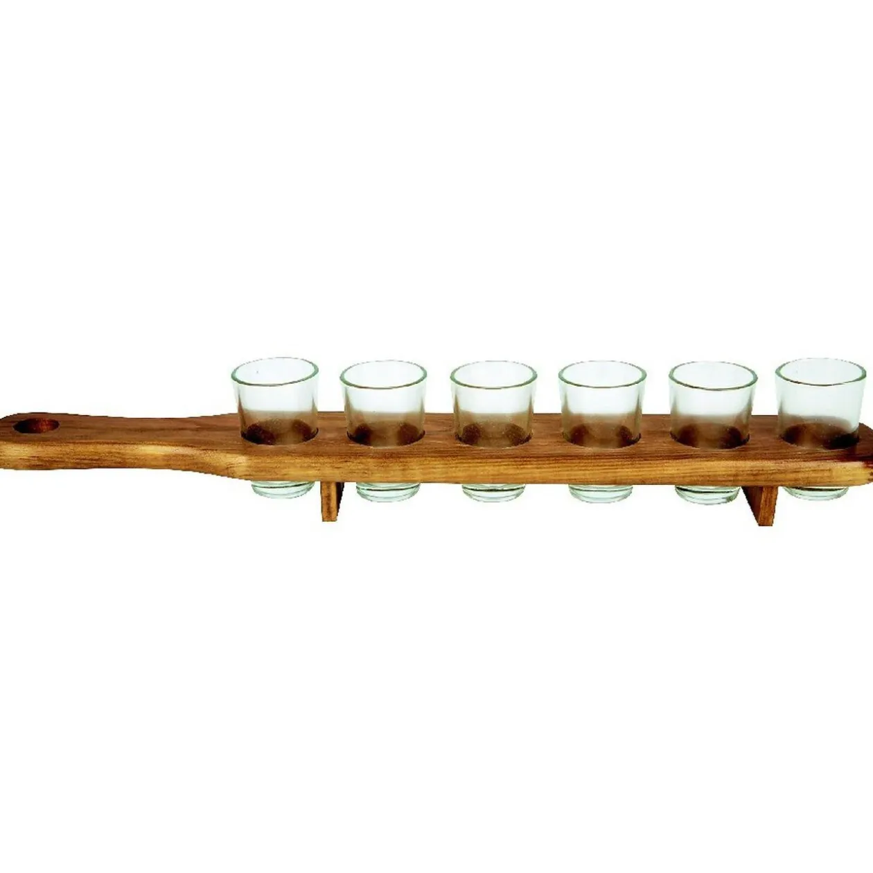 6 verres shooter sur support en bois