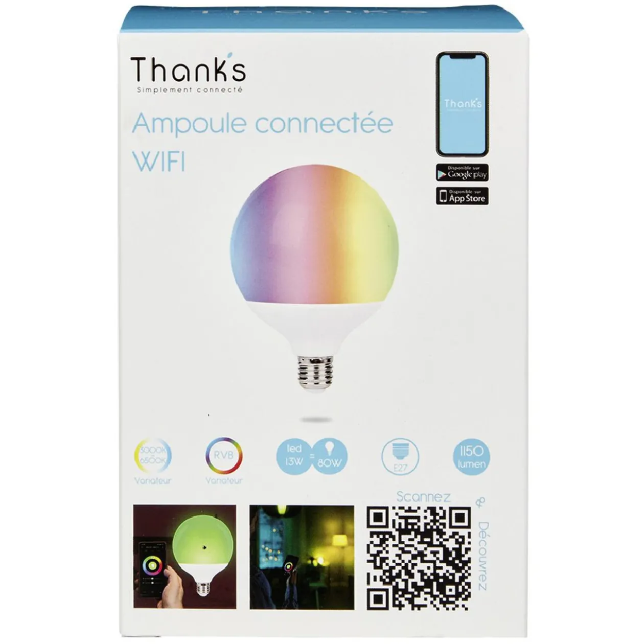 Ampoule bulbe LED connectée couleurs changeantes E27 80 W