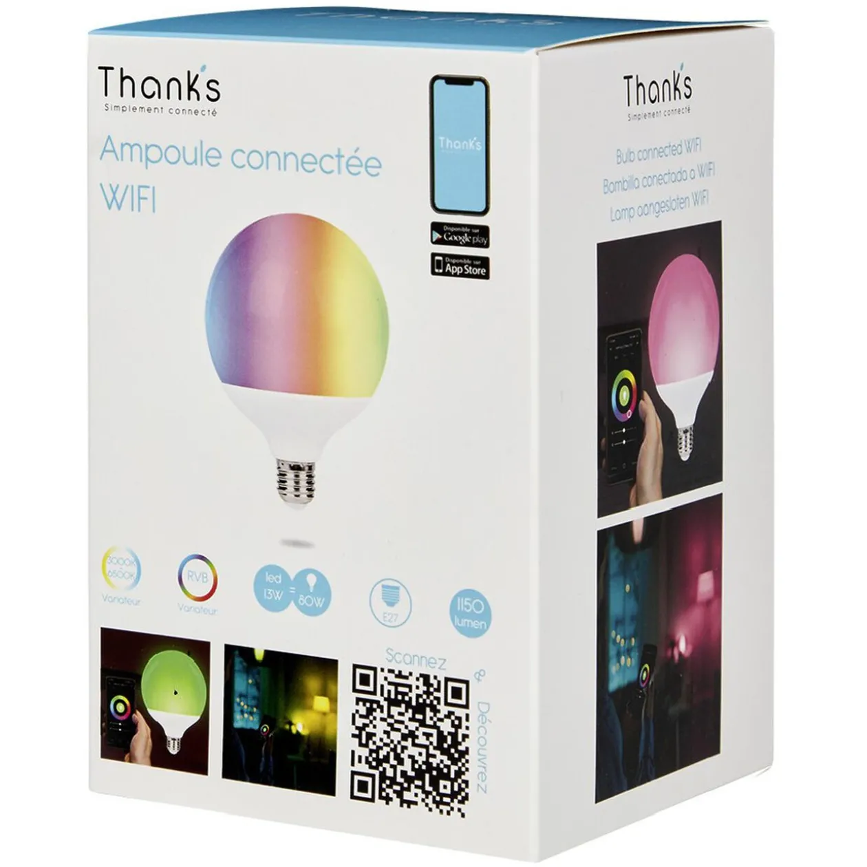 Ampoule bulbe LED connectée couleurs changeantes E27 80 W