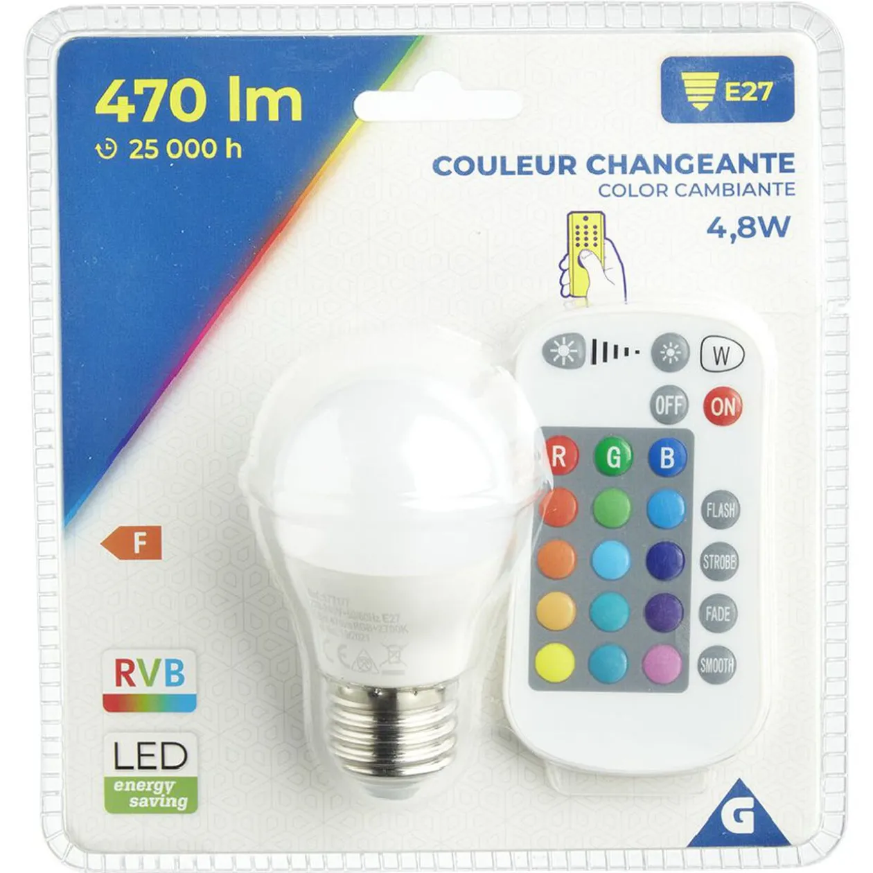 Ampoule LED E27 G45 couleurs changeantes avec télécommande 470lms