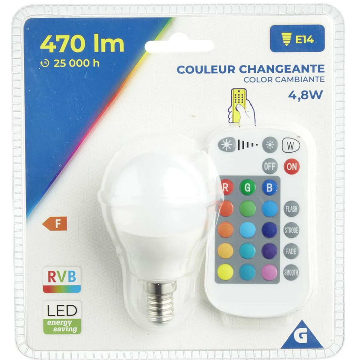 Ampoule LED E14 G45 couleurs changeantes avec télécommande 470lms
