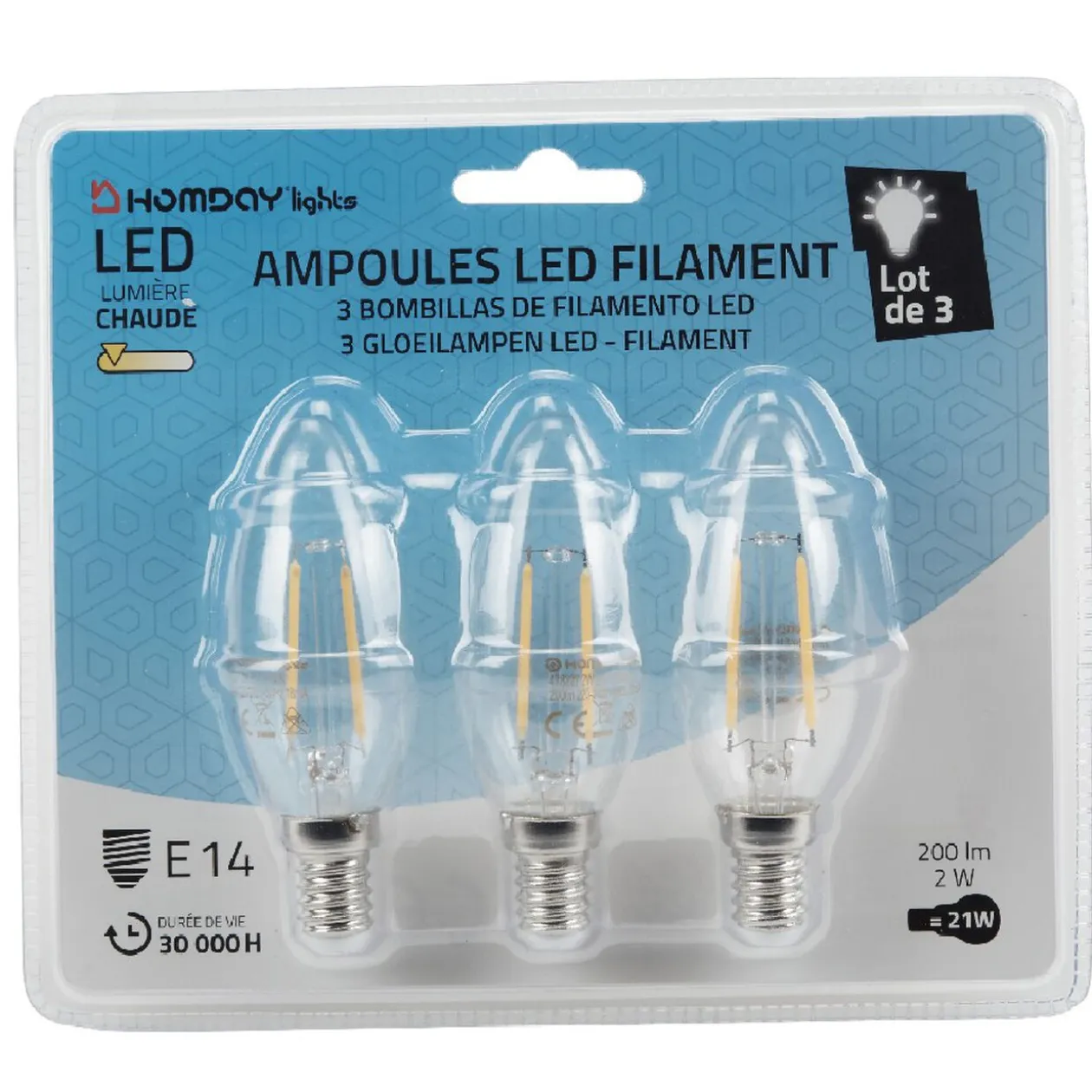Ampoule LED filament clair 20W culot E14 Homday Lights x 3