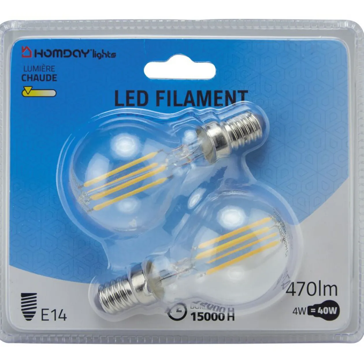 Ampoule LED filament Homday E14 G45 lumière chaude 470lms x2