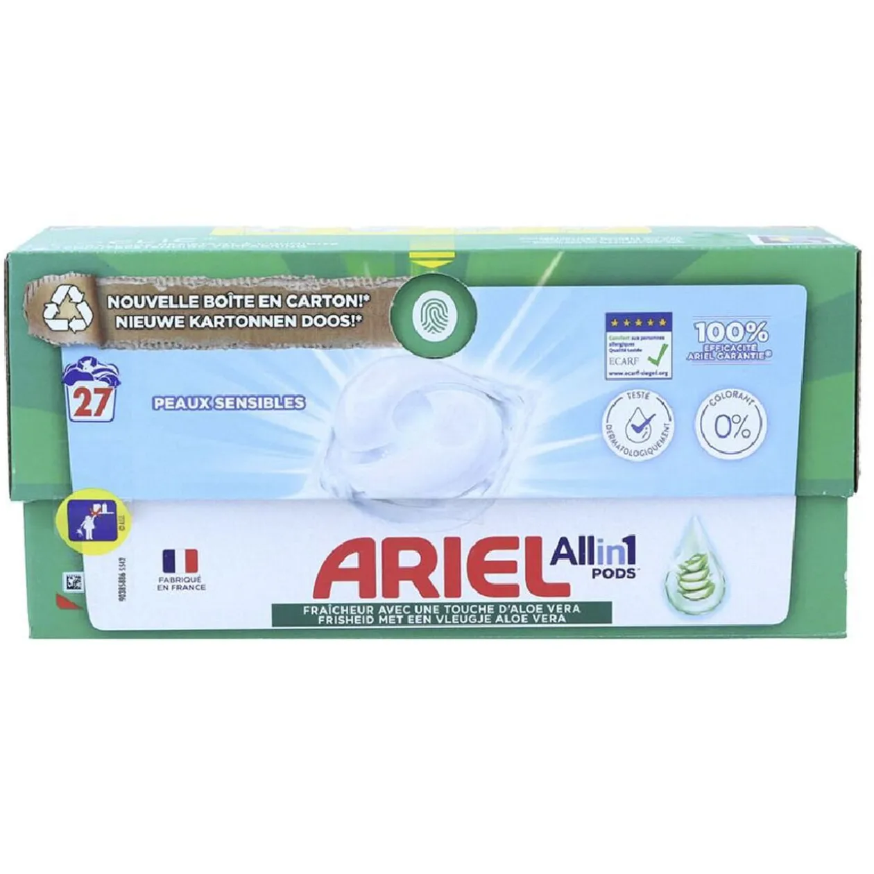 Ariel pods tout-en-1 aloe vera spécial peaux sensibles 27 lavages