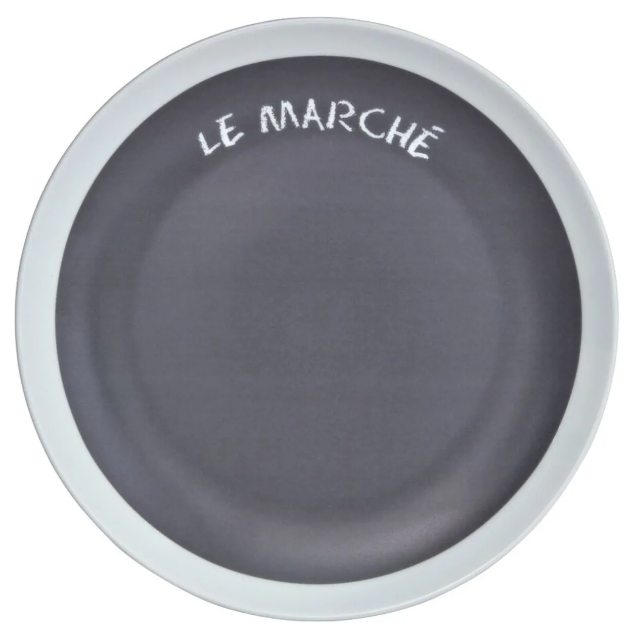 Assiette à dessert grise contour blanc inscription Le marché