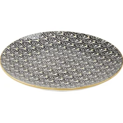 Assiette à dessert ronde Praia motif ethnique noir blanc jaune