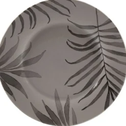 Assiette à dessert ronde taupe motif feuilles