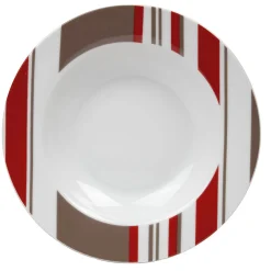 Assiette creuse porcelaine rayures taupe rouge blanc