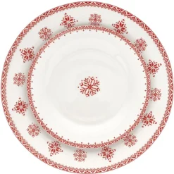Assiette plate en porcelaine blanche motif Noël flocons rouges