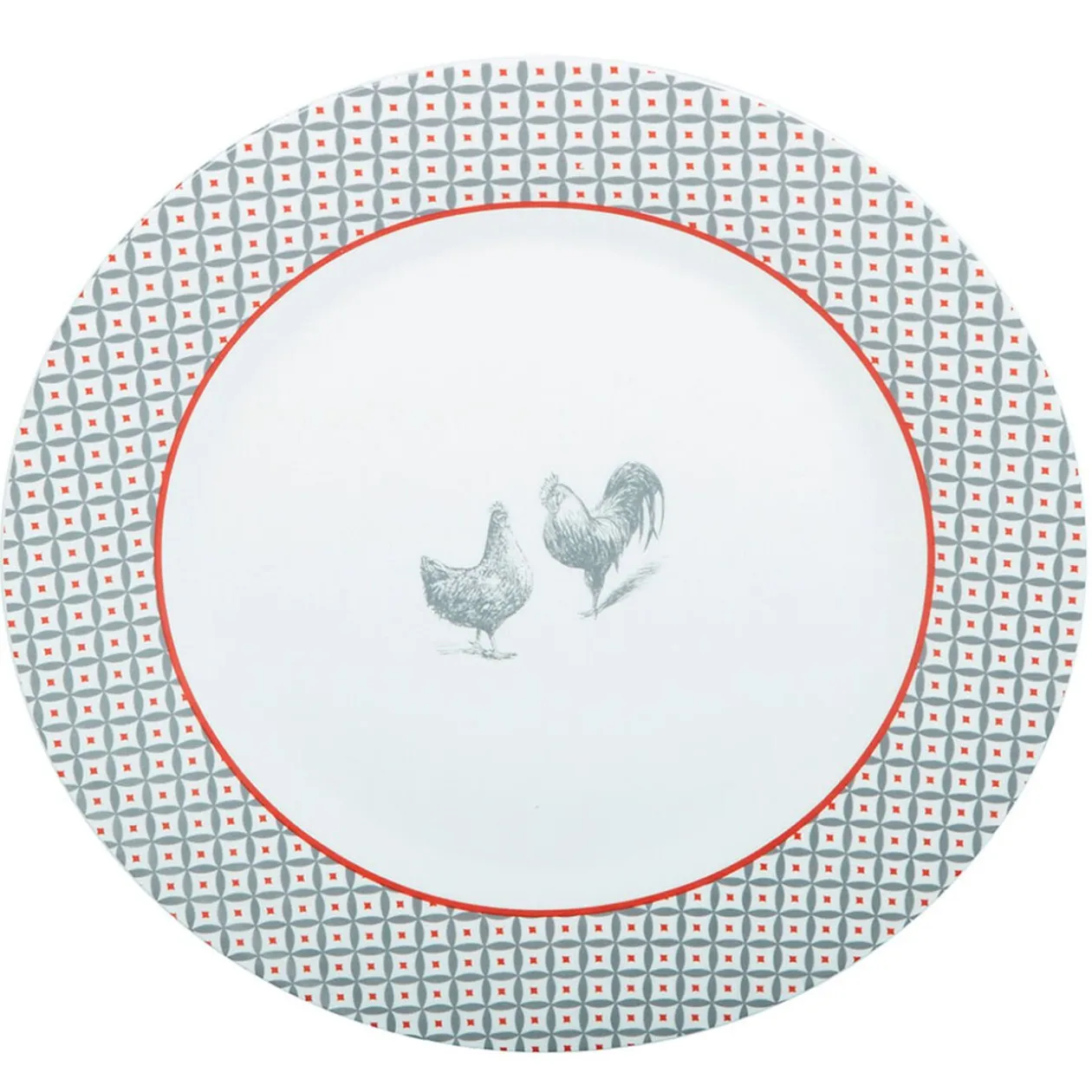 Assiette plate ronde design poule rebord motif triangulaire
