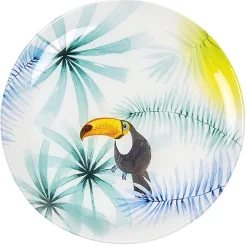 Assiette plate ronde en verre motif toucan exotique