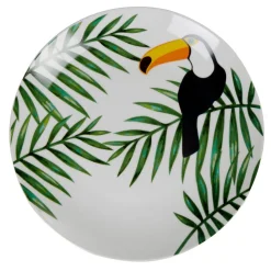 Assiette plate ronde motif feuillage toucan jungle tropical