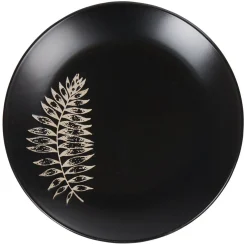 Assiette plate ronde noire motif plante blanche embossé