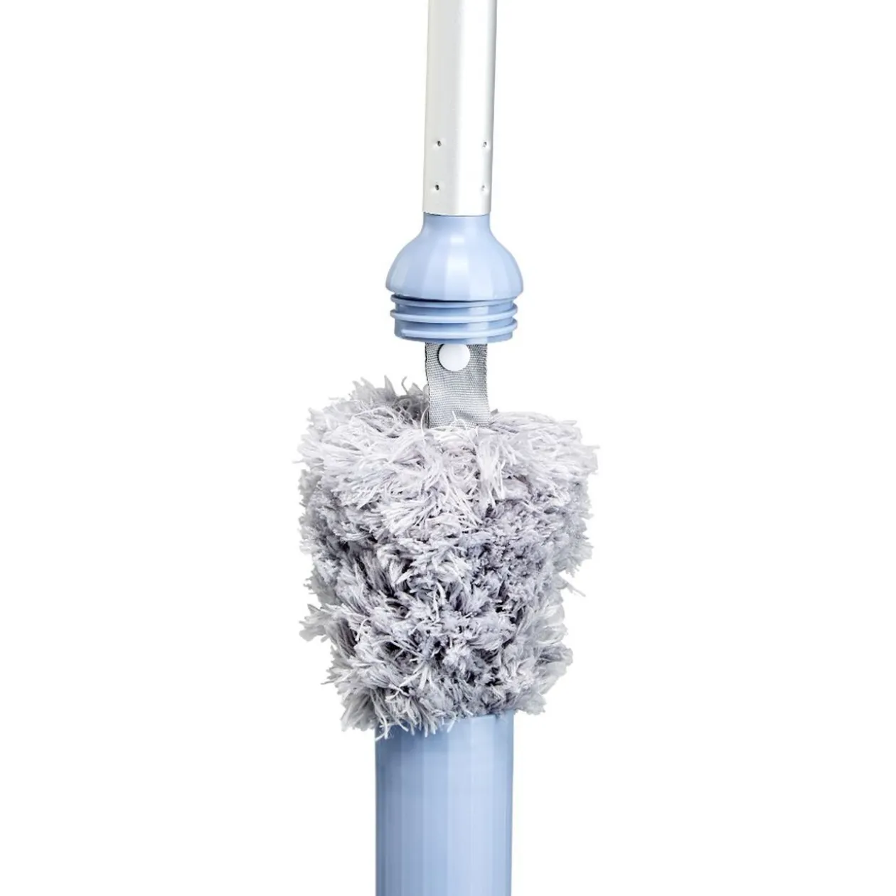Balai avec plumeau intégré au manche gris et bleu