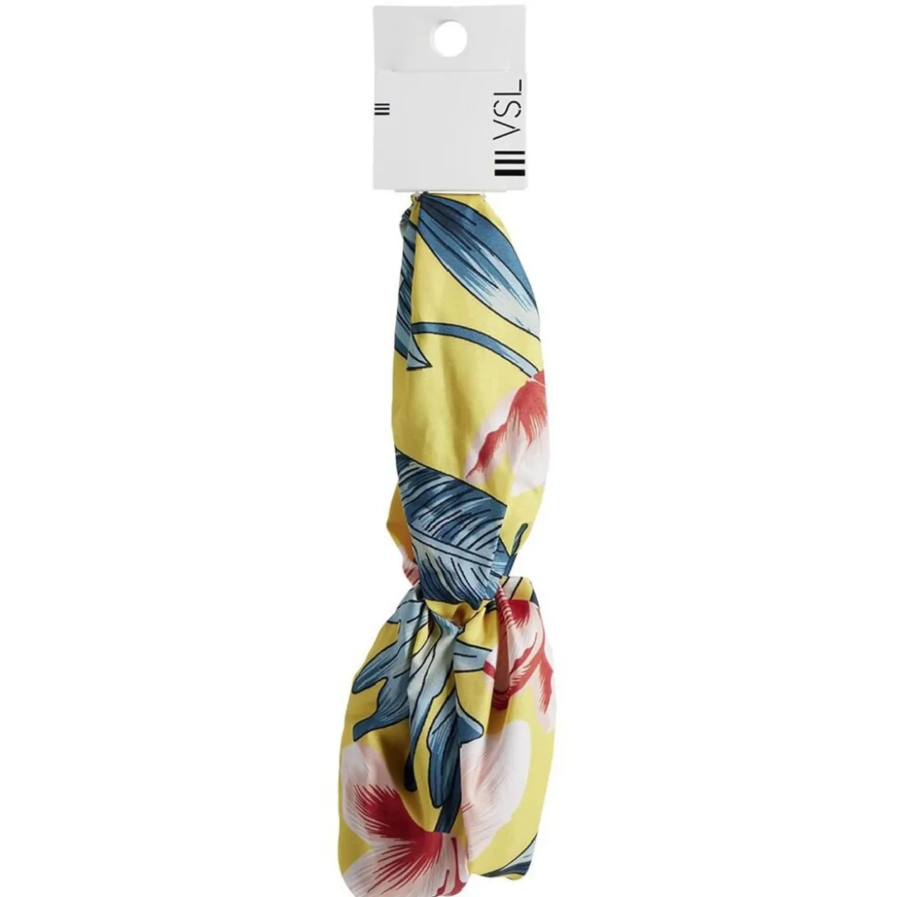 Bandeau torsadé jaune motif tropical vert et corail