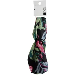 Bandeau torsadé noir motif tropical vert et rose