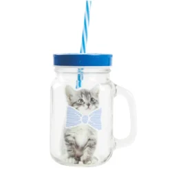 Bocal à paille avec anse et couvercle motif chat bleu et blanc