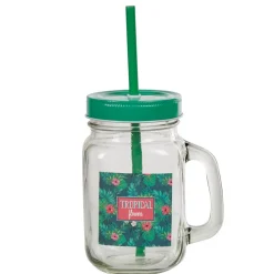 Bocal à paille et couvercle style tropical avec support x4