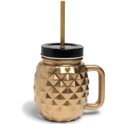 Bocal ananas doré avec paille et couvercle