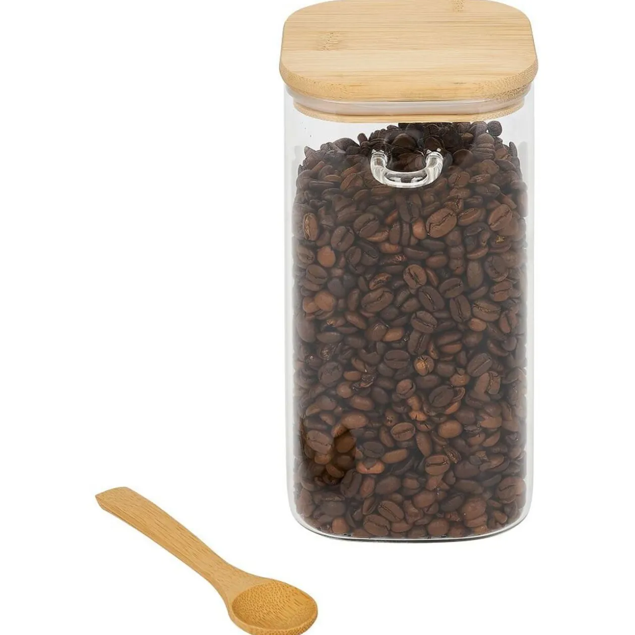 Bocal en verre transparent 1,25L avec couvercle et cuillère en bambou