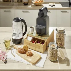 Bocal hermétique rond transparent avec couvercle en bambou H14,5 cm