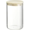 Bocal rond transparent avec couvercle en bois 1L
