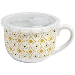 Bol jumbo blanc à motif ethnique jaune et noir couvercle transparent