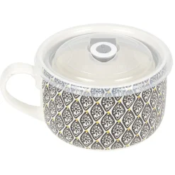 Bol jumbo soupe avec couvercle en porcelaine blanc motif noir