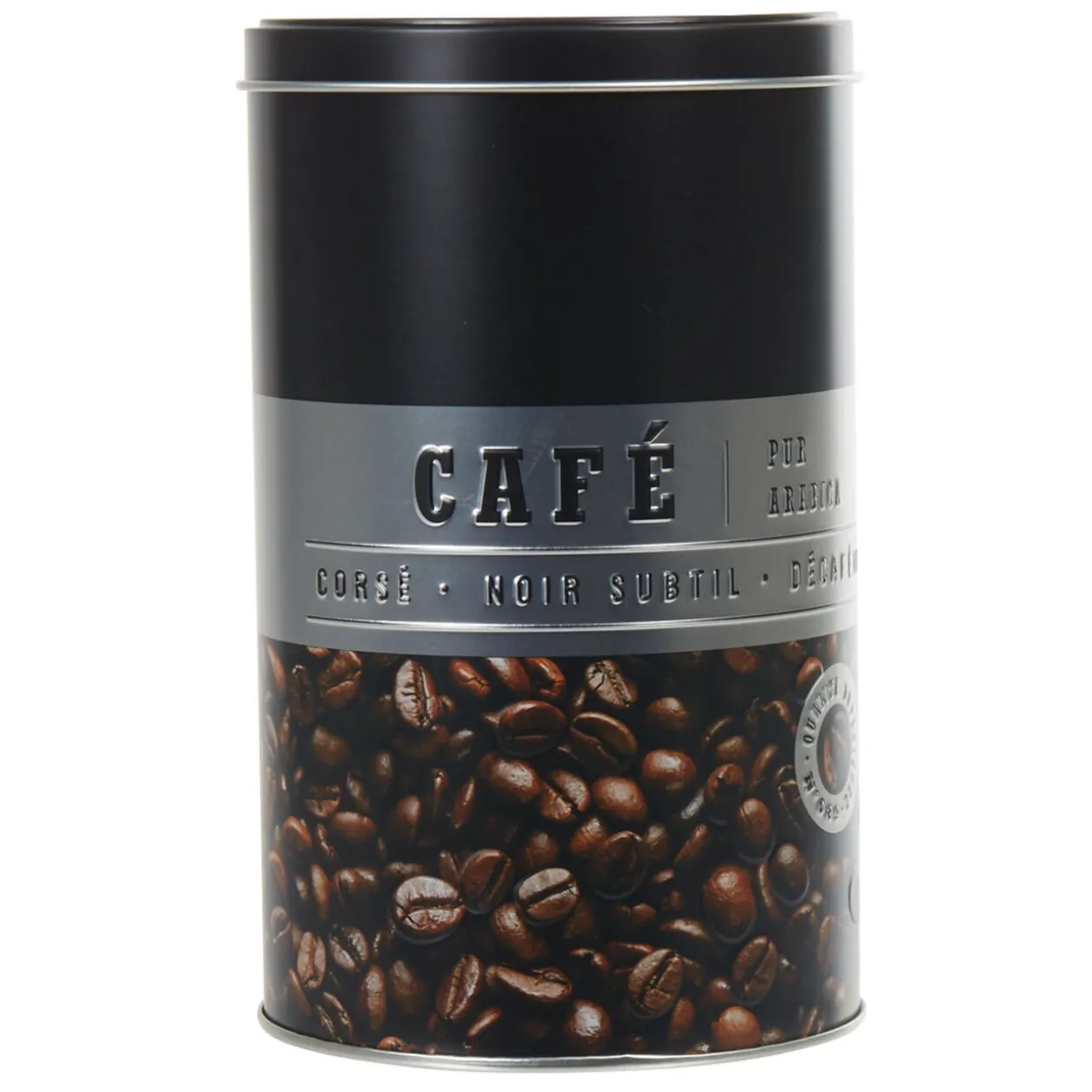 Boîte à café ronde en métal décorée noir