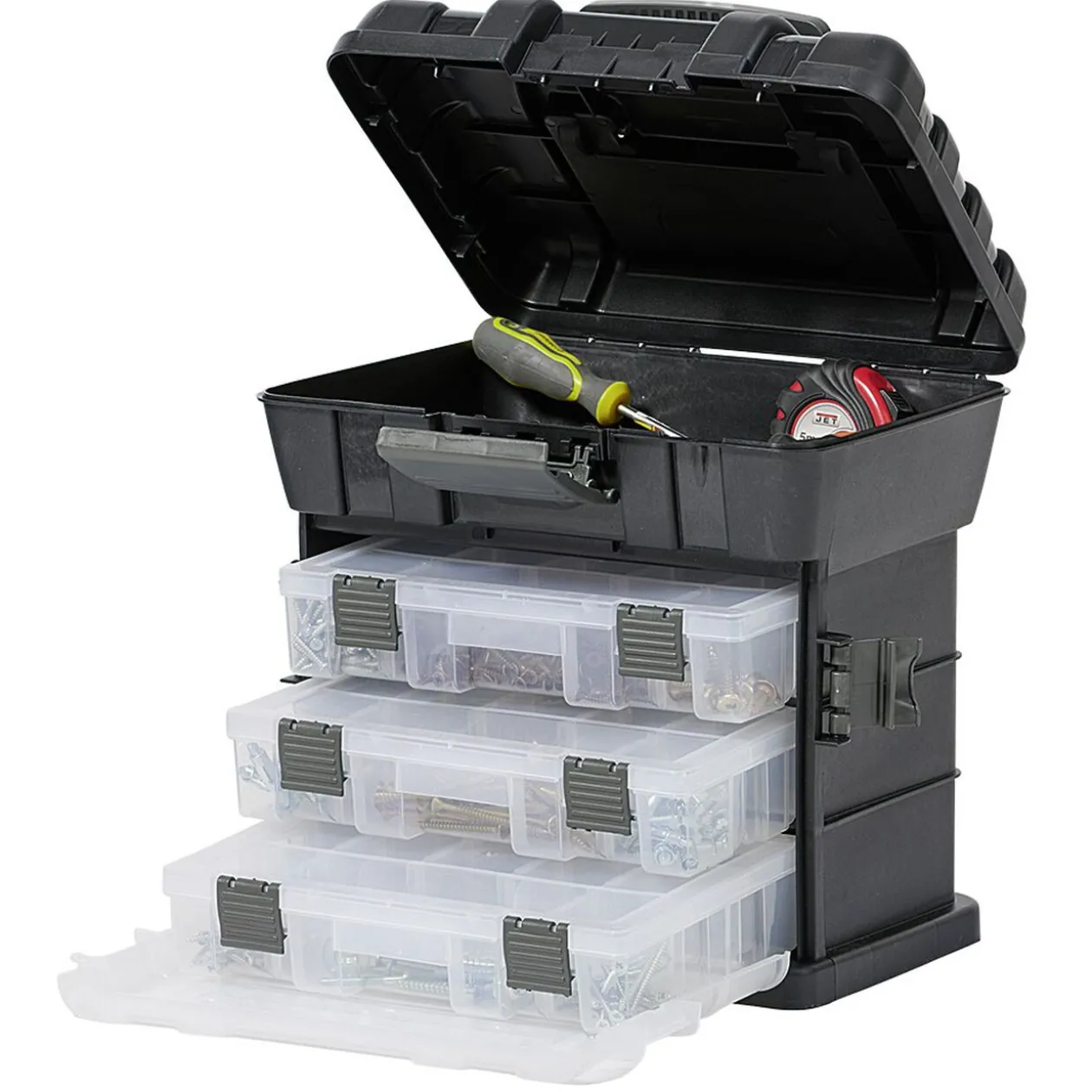 Boîte à outils avec rangement compartimenté noir transparent