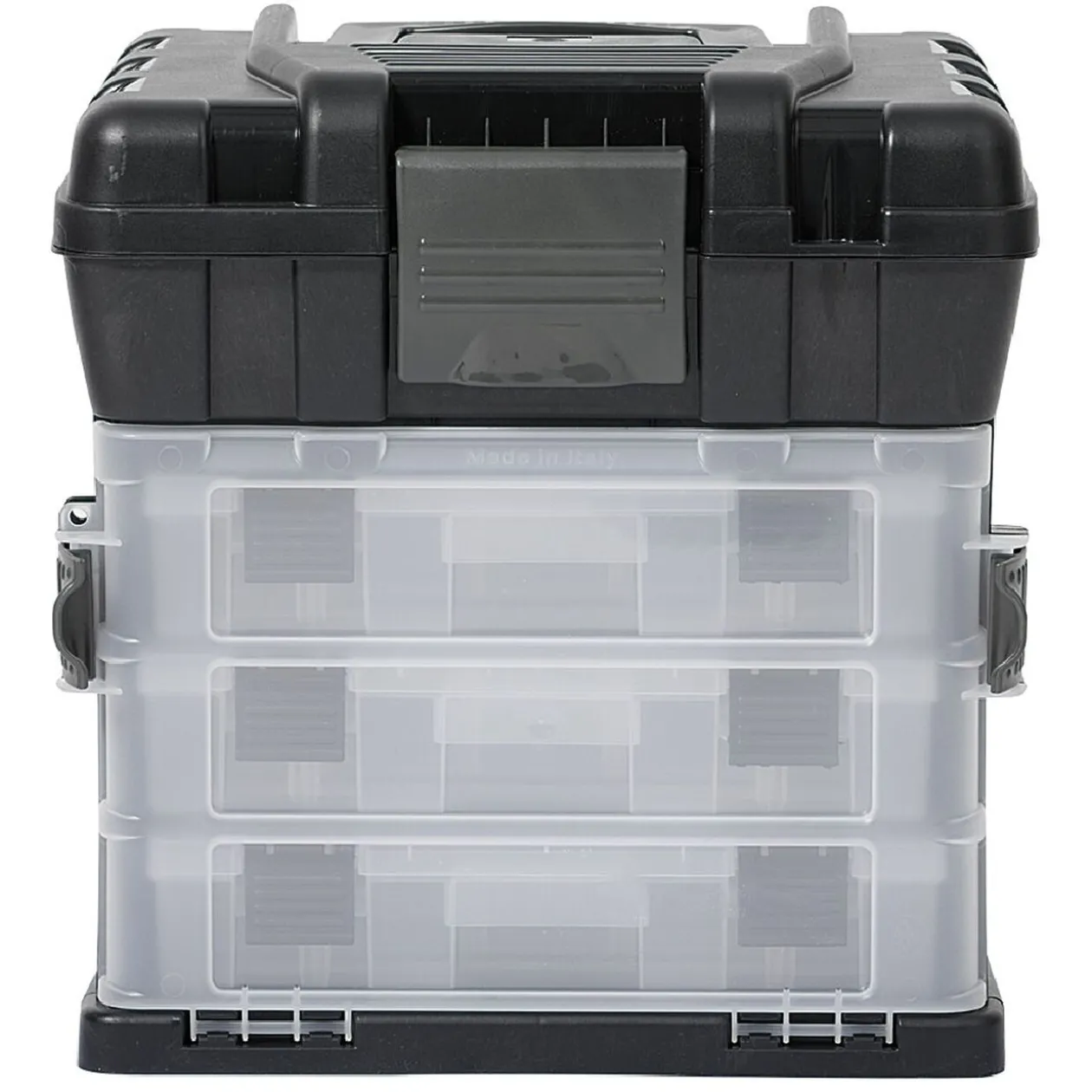 Boîte à outils avec rangement compartimenté noir transparent