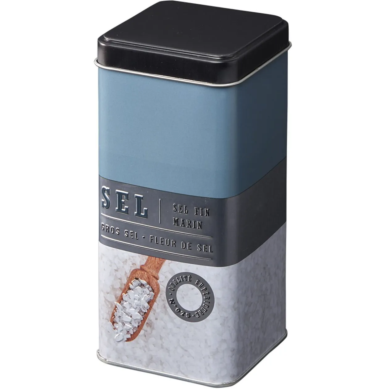 Boîte à sel carrée en métal décorée bleu gris