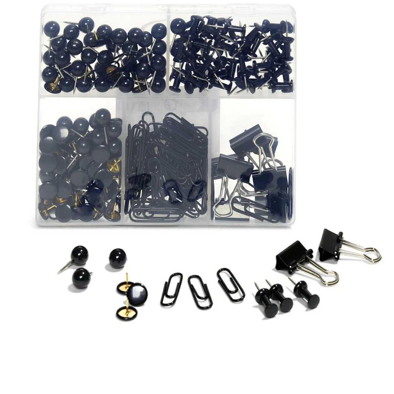 Boîte accessoires de bureau trombones, pinces et punaises