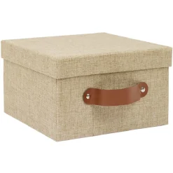 Boîte de rangement décor lin beige 21x21xH12,5cm