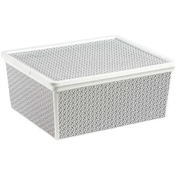 Boîte de rangement en plastique motif graphique gris blanc 18L
