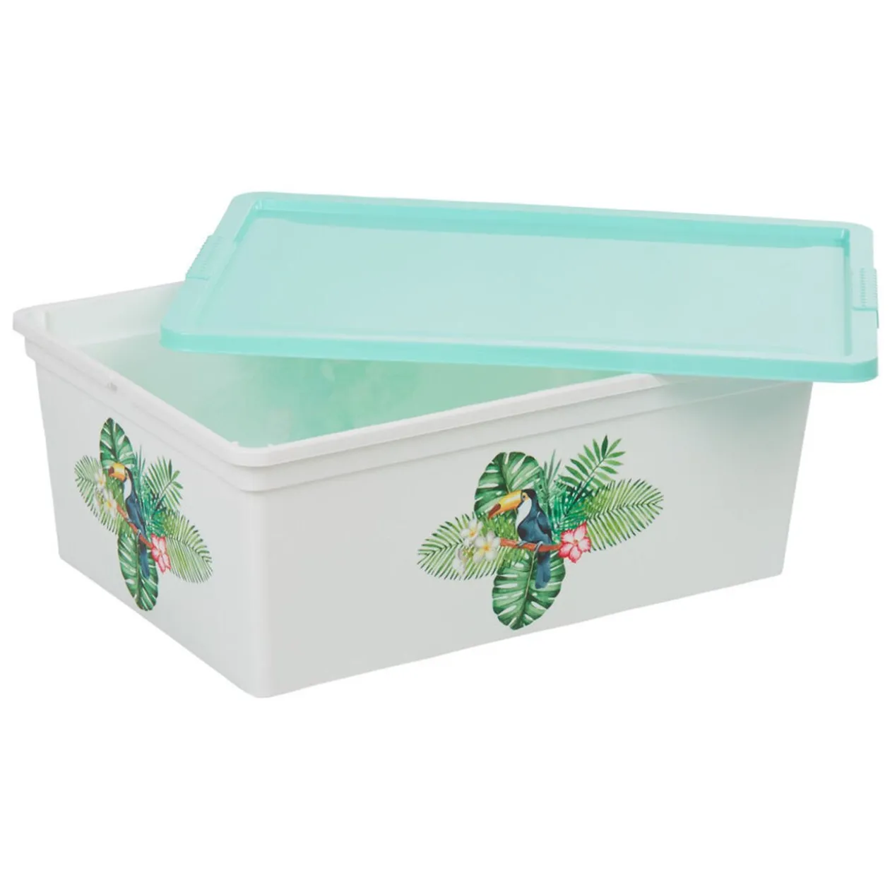 Boîte de rangement transparente et verte motif toucan 11 L