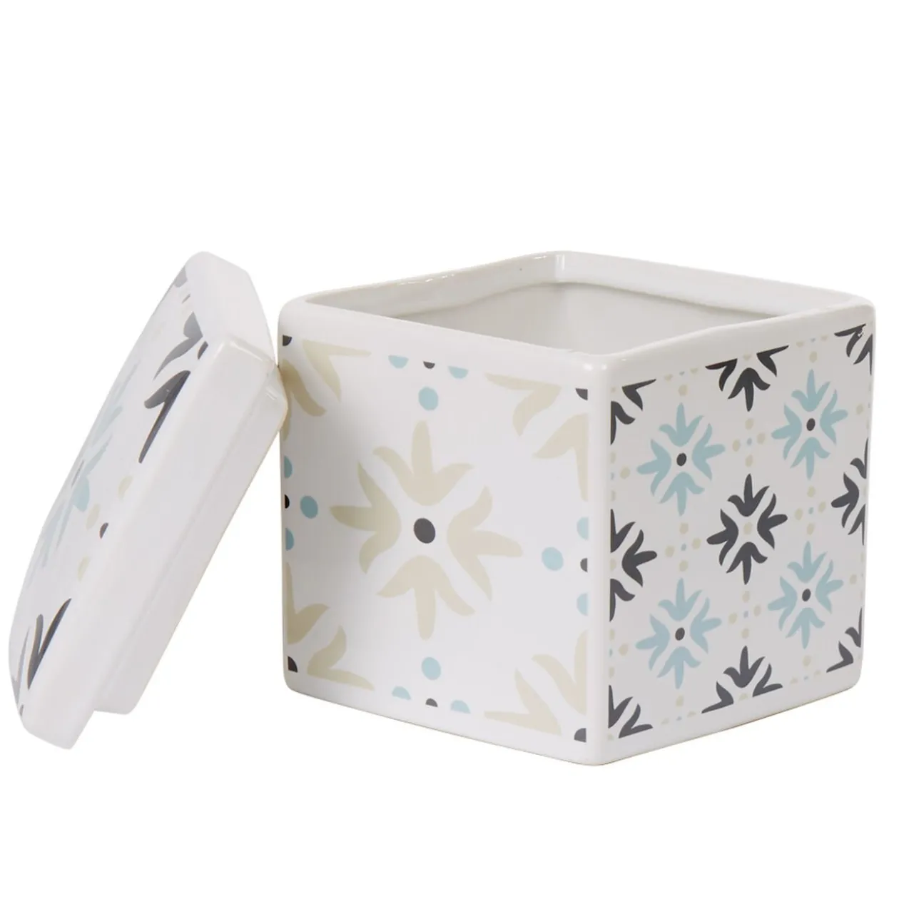 Boîte poubelle à coton blanche motif carreau de ciment