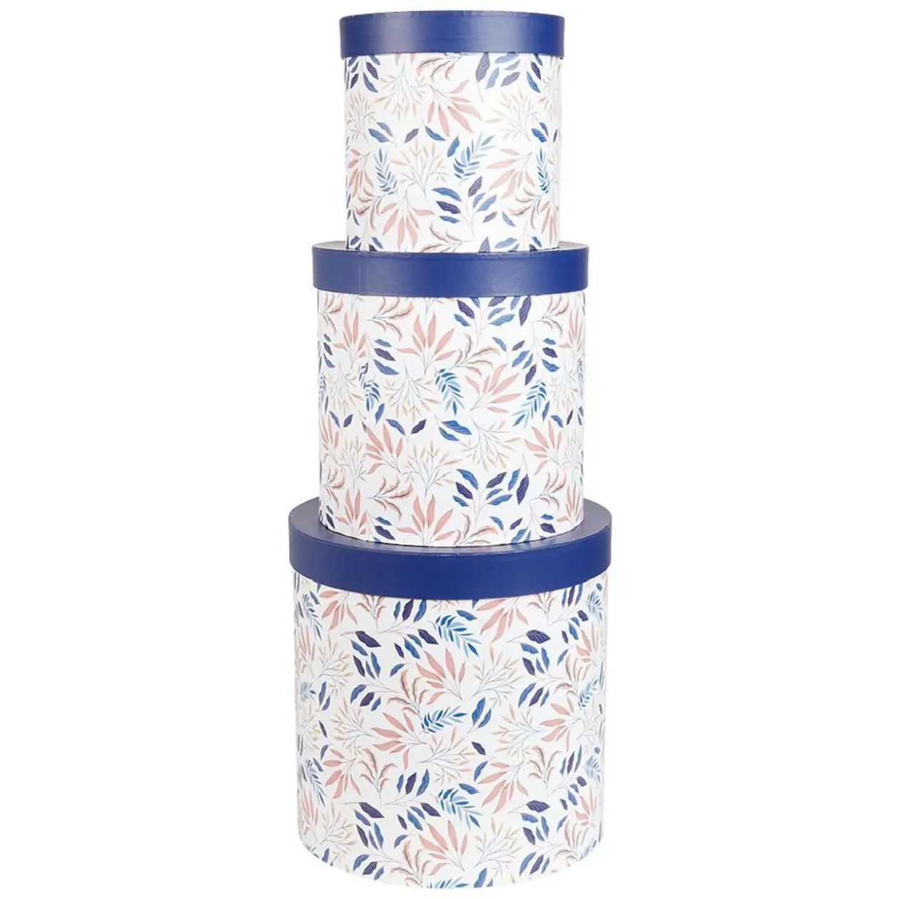 Boîte rangement ronde déco empilable motif fleuri bleu et blanc x3