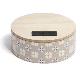 Boîte ronde bois et carreaux de ciment gris et blanc