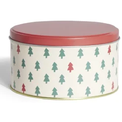 Boîte ronde en métal Ø13,5cm motif sapin vert et rouge