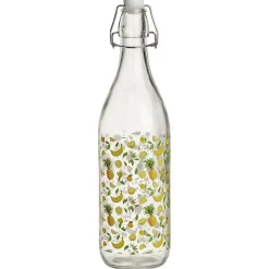 Bouteille verre motif fruit exotique jaune bouchon mécanique 1L H30cm