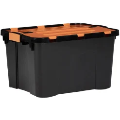 Box de rangement brico noir avec couvercle orange à double ouverture 34L