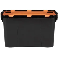 Box de rangement brico noir avec couvercle orange à double ouverture 34L
