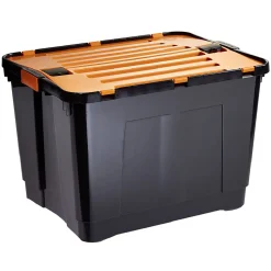 Box de rangement brico noir avec couvercle orange à double ouverture 80L