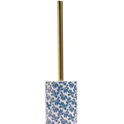 Brosse WC manche doré socle grès motif floral bleu et blanc Ø9,2xH36cm