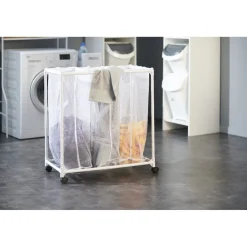 Chariot buanderie sur roulettes 3 filets blancs