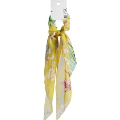 Chouchou foulard jaune motif tropical vert et corail