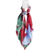 Chouchou foulard rouge motif tropical vert et bleu