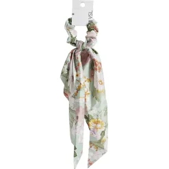 Chouchou foulard vert sauge motif floral orange et rose